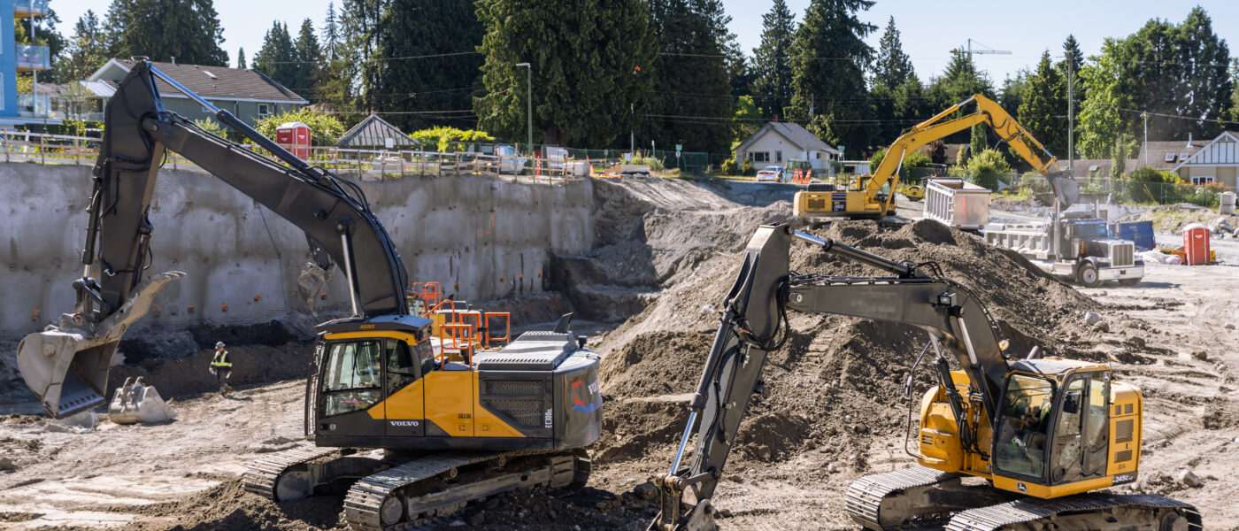 Urban construction site with excavators at work