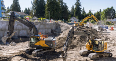 excavators operating at an active urban construction job site